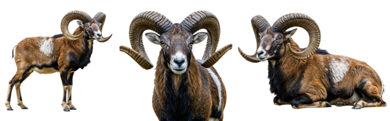 a beautiful european mouflon collection, Ovis aries musimon, standing, portrait and sitting