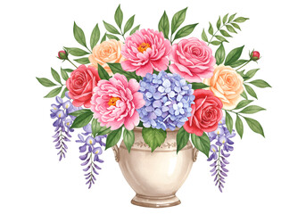 Illustration Vase with Romantic Floral Bouquet with Roses and Hydrangeas