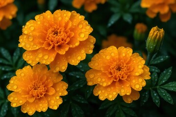 A Close-Up of Vibrant Orange Marigold Flowers with Dewdrops on Lush Green Leaves