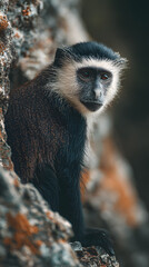 Obraz premium A monkey with a white face and black hair is sitting on a rock