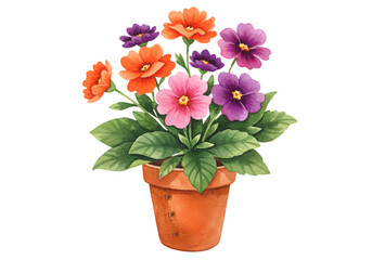 Naklejka premium Illustration Vibrant Colorful Flowerpot with Orange Purple and Pink Flowers