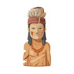 Ancient Indigenous Wooden Statue Idol with Feather Headband and Necklace Vector