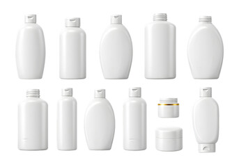 Illustration White Plastic Cosmetic Bottles for Body Care on Transparent
