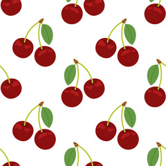 Ripe cherries. Seamless pattern of cherries with leaves on white background. Perfect for summer designs, packaging and textiles. Seasonal fruit.