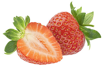 Whole and halved strawberry isolated on white background