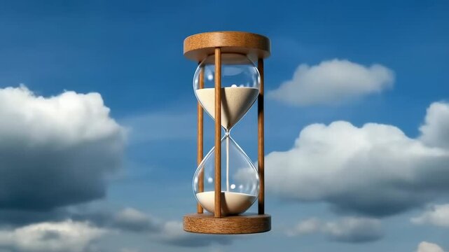 Wooden hourglass with sand flowing through glass chambers against blue sky with clouds, symbolizing time passage and life transitions.
