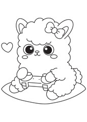 Coloring book Alpaca holding a game controller with a serious face.
