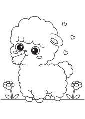 Coloring book Alpaca turning around in a field of flowers with love.
