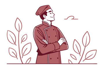 Confident chef with arms crossed standing amidst stylized leaves and a simple cloud illustration