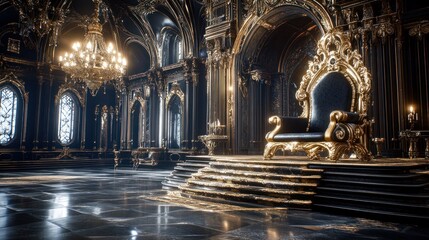 Grand throne room, opulent and dark.