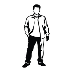 Obraz premium Minimalist black and white silhouette of a man in casual attire, hands in pockets. Ideal for avatars, logos, or modern design projects.