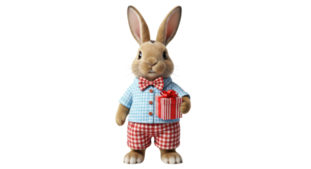 Cute anthropomorphic rabbit wearing a checkered shirt and shorts holding a gift isolated on transparent background