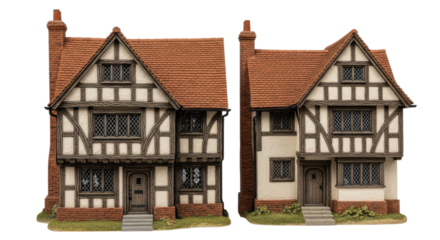 Two tudor style houses with timber framing and red tiled roofs isolated on transparent background