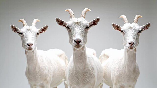 Three White Goats with Short Horns Stand Portrait Against Simple White Background