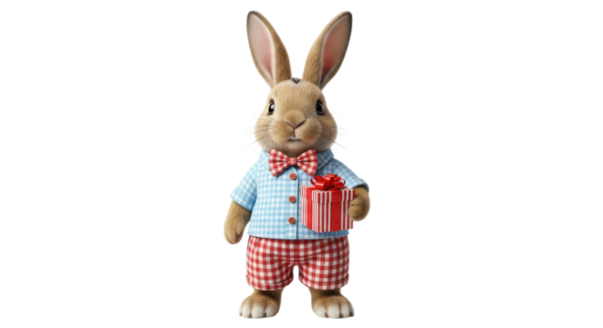 Cute anthropomorphic bunny rabbit wearing a checkered shirt and shorts holding a gift isolated on transparent background