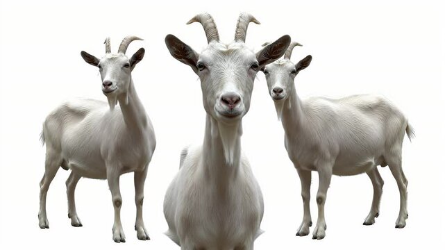 Three White Goats with Twisted Horns Posed Against a Bright Plain White Background