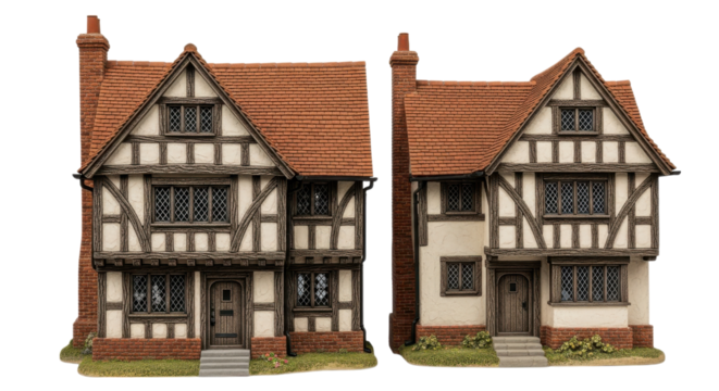 Two tudor style houses with timber framing and red tiled roofs isolated on transparent background