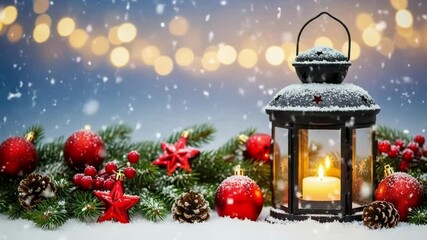 A lit christmas lantern sits on snow with festive decorations and bokeh lights - Powered by Adobe