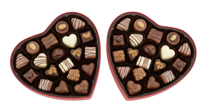 Assortment of gourmet chocolates in a heart shaped box isolated on transparent background