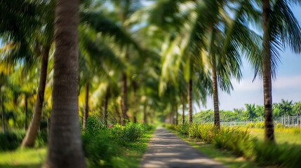 Obraz premium Blurred tropical nature bokeh with green park by the beach and soft focus coconut palm trees under sunny sky