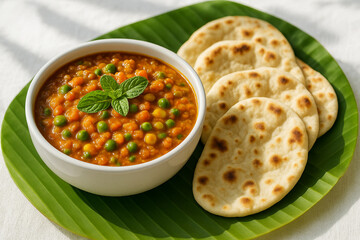 Thick vegetable curry dip in white bowl with soft naan and banana leaf
