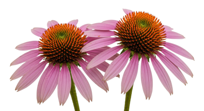 Two pink echinacea flowers with orange centers isolated on transparent background