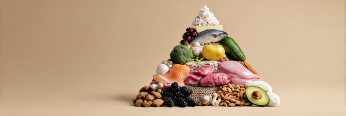 Healthy Food Pyramid for Pets Composed of Natural Ingredients With an Open Structure Providing Balanced Nutrition