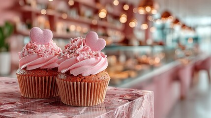 Two pink cupcakes with heart-shaped decorations on a marble surface, cafe background