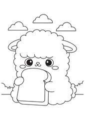 Coloring book Alpaca holding a slice of bread with a shy face.
