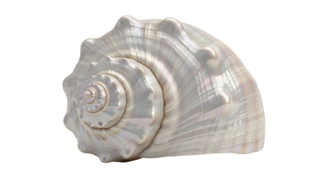 Detailed close up of a large iridescent spiral seashell isolated on transparent background