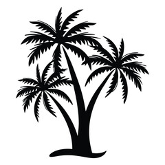 Obraz premium Silhouette of three palm trees on a tropical island, ideal for beach decor or travel designs. Black and white vector illustration with a minimalist, exotic vibe.