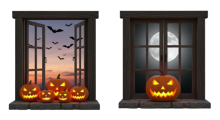 Spooky halloween scene with glowing jack o lanterns and bats flying at dusk isolated on transparent background