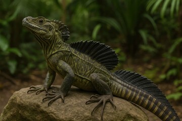 Fototapeta premium A serene green iguana perches on a rock amidst lush greenery