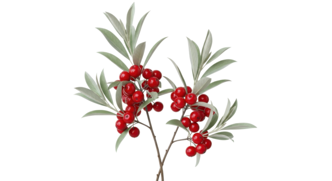 Realistic red berries and green leaves on branches isolated on transparent background