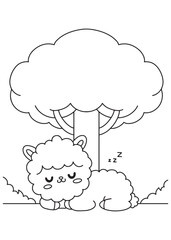 Coloring book Alpaca napping under a tree with eyes closed.
