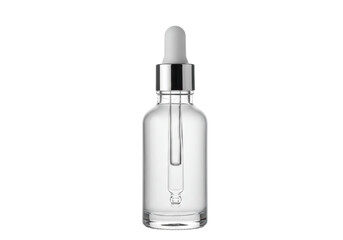 Isolated Clear Glass Dropper Bottle with Silver Cap
