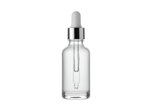 Isolated Clear Glass Dropper Bottle with Silver Cap