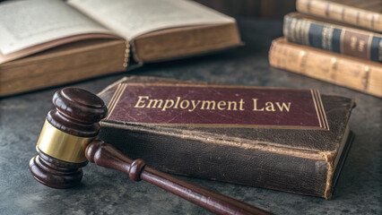 Employment labor law. Employment law book gavel legal workplace labor justice old wooden document office regulation policy