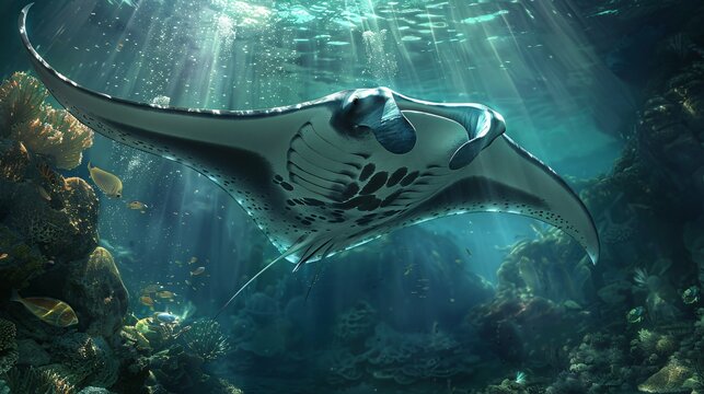 A manta ray elegantly maneuvers through the depths of the ocean