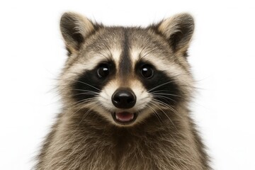 Fototapeta premium A curious raccoon peers into the camera with its eyes wide open, showcasing a playful expression