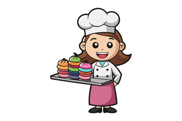 Smiling cartoon chef woman proudly presents a tray of colorful stacked macarons on a white background