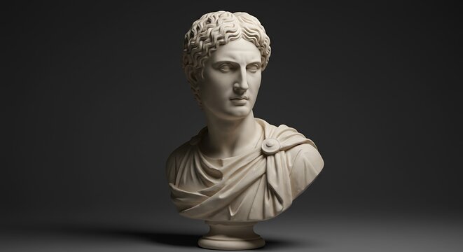 White marble bust of a classical figure with curly hair and draped garment on a dark background