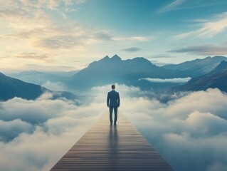 Businessman on a Cloud Path to Mountains, Achievement, Success Goal Setting, Visionary Leadership