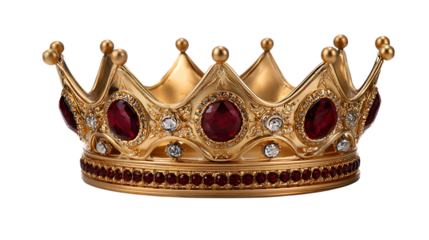 Ornate gold crown with red and white gemstones isolated on transparent background