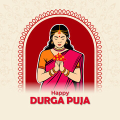 Happy Durga Puja Banner Collection with Goddess Bengali Woman Illustration Traditional Decorations Vector Illsutration 