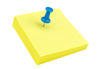 Isolated Yellow Sticky Notes Stack with Blue Pushpin