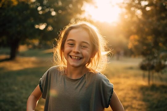 Happy child enjoying the sunset in a natural setting. Great for parenting blogs, nature connection, or joyful storytelling.

