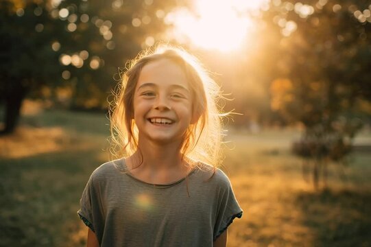 Glowing portrait of a carefree girl in evening light. Ideal for emotion-driven content, summer ads, or wellness imagery.

