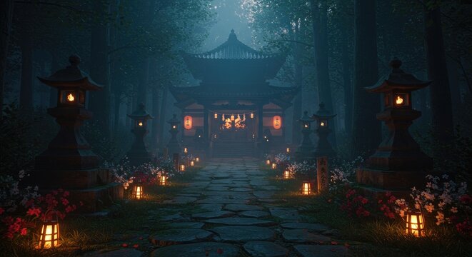 A misty, flower-lined forest path leads to a glowing ancient Japanese temple, rendered in cinematic detail.