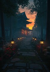 Fototapeta premium A misty, flower-lined forest path leads to a glowing ancient Japanese temple, rendered in cinematic detail. 